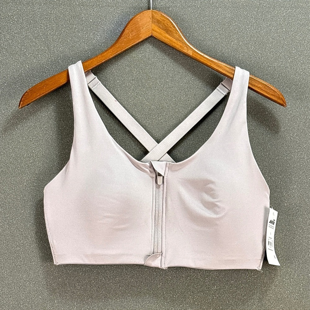 Avia Women Zip Front Sport Bra Large Lavender Gray Recycled Polyester TPESVR